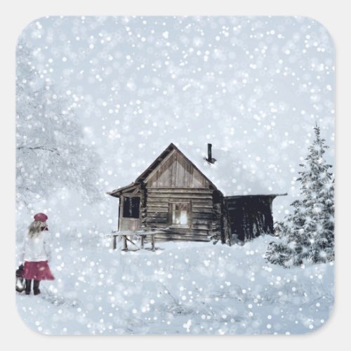 Christmas Snow at the Cabin Square Sticker