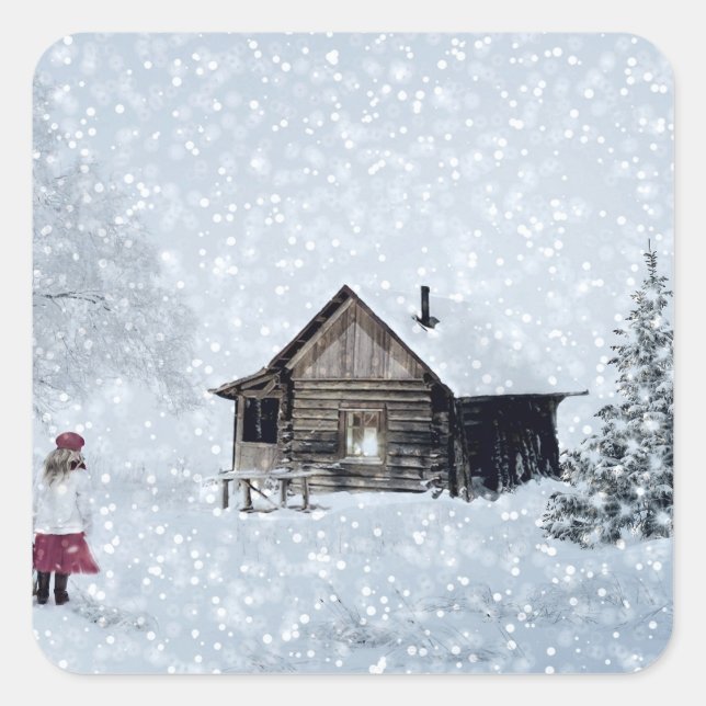 Christmas Snow at the Cabin Square Sticker (Front)