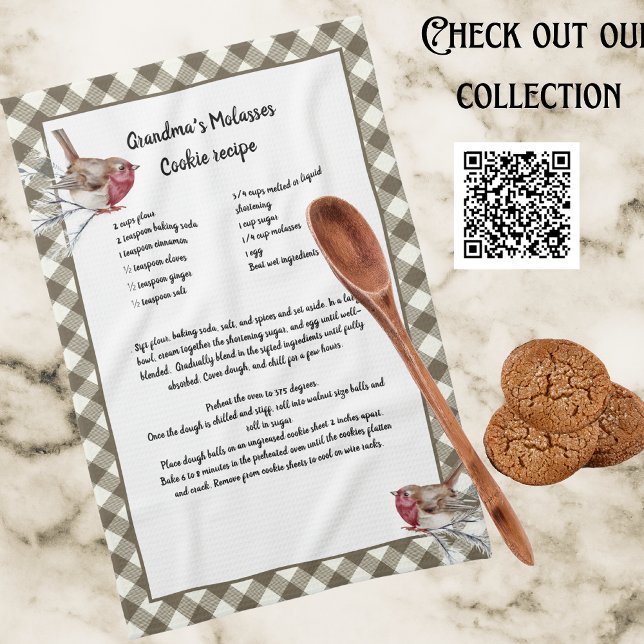 Christmas Snow Bird Recipe Keepsake Beige  Plaid  Kitchen Towel (Creator Uploaded)