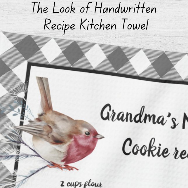 Christmas Snow Bird Recipe Keepsake Gray Plaid  Kitchen Towel (Creator Uploaded)