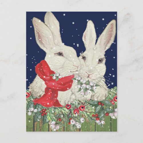 Christmas Snow Bunny Rabbit Dark Blue Holly Berry Holiday Postcard