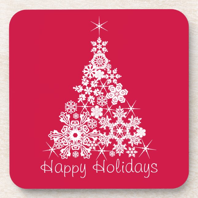 Christmas snow flakes tree red set of 6 coasters (Front)