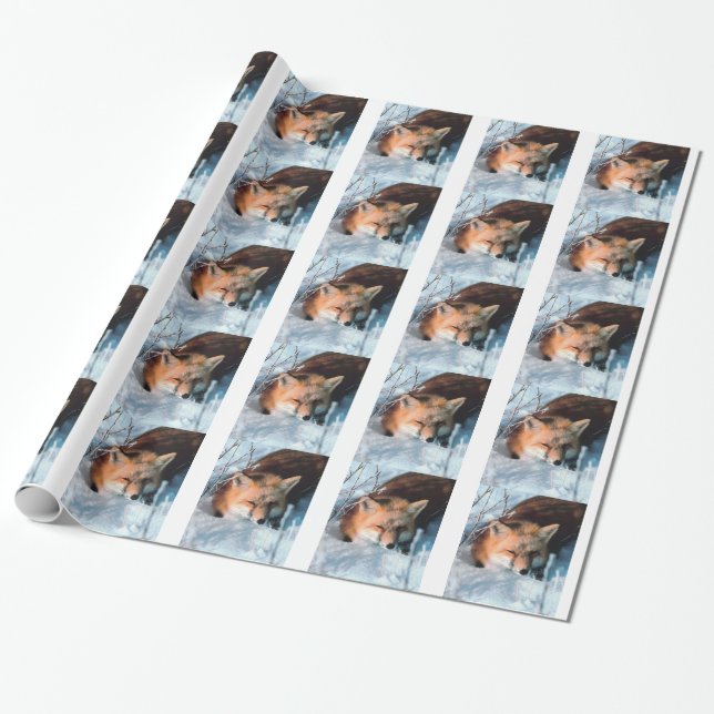Christmas Snow Fox Holiday Xmas Winter Wildlife Wrapping Paper (Unrolled)