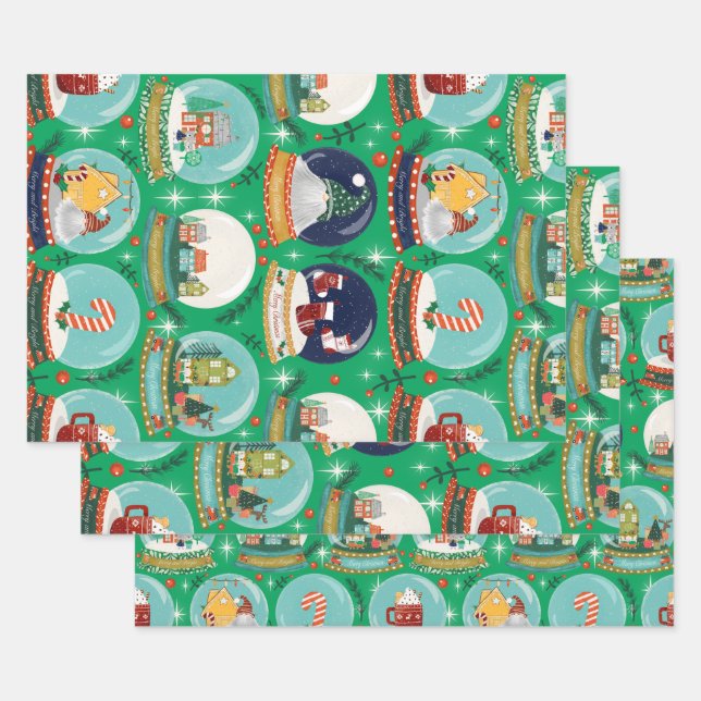 Christmas Snow Globe Green - Woodland Christmas Wrapping Paper Sheets (Set)