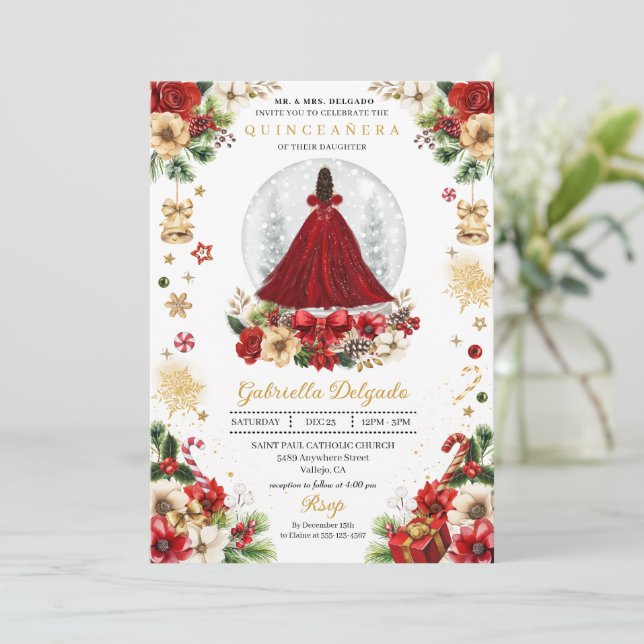 Christmas Snow Globe Princess Winter Quinceañera Invitation (Standing Front)