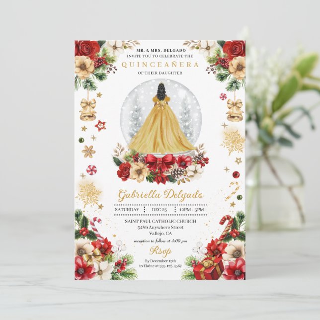 Christmas Snow Globe Princess Winter Quinceañera Invitation (Standing Front)