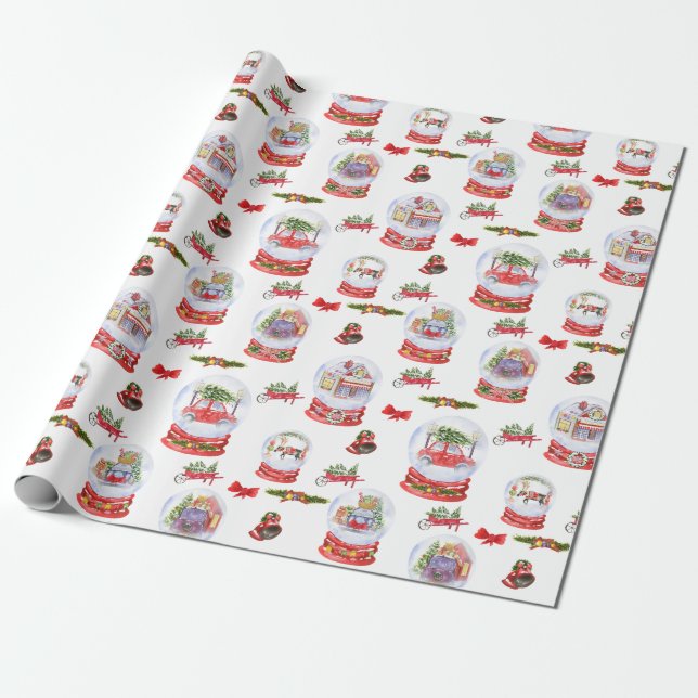 Christmas Snow globe watercolor wrapping paper (Unrolled)