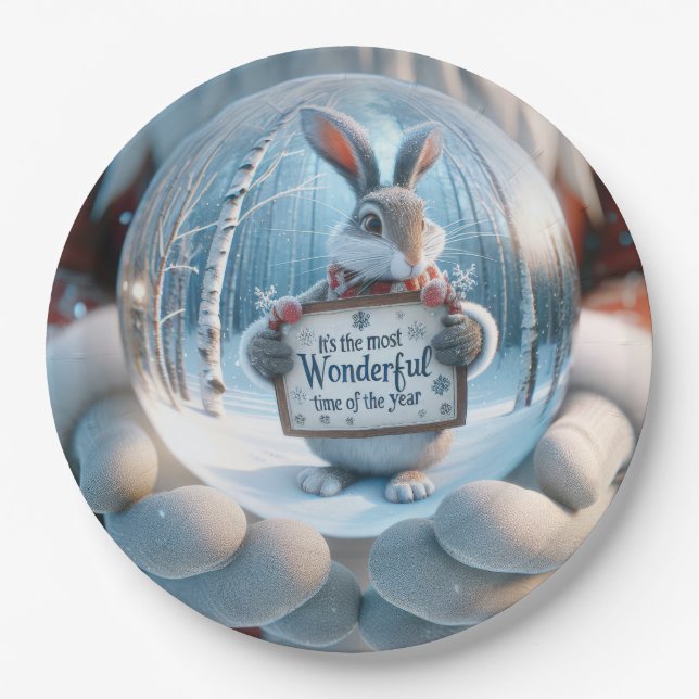 Christmas Snow Globe With Rabbit Paper Plates (Front)
