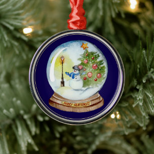 Christmas Snow Globe with Snowman & Tree Metal Ornament
