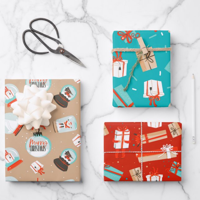 Christmas Snow Globes Gifts Wrapping Paper Set 3 (Front)