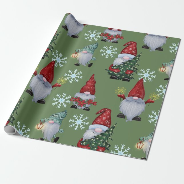 Christmas Snow Gnomes Wrapping Paper (Unrolled)