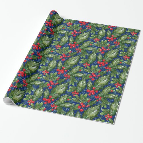 Christmas Snow Holly  Blue Wrapping Paper