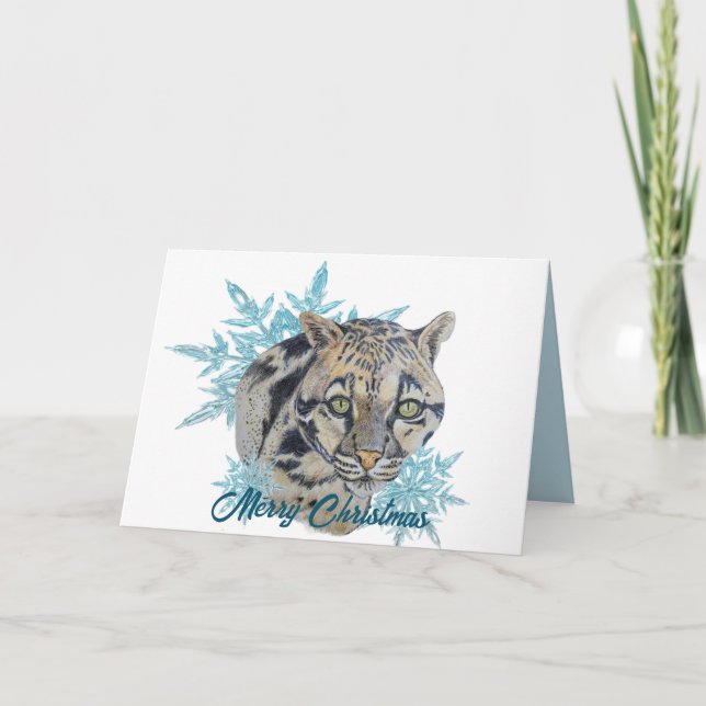 Christmas Snow Leopard in Snowflakes   Holiday Card (Front)