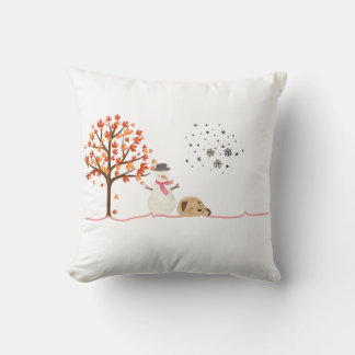 christmas snow man and dog on a snowy day throw pillow