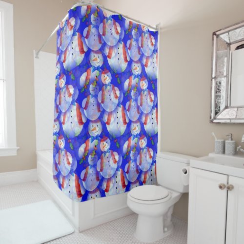 Christmas Snow Man In Blue Background New Year  Shower Curtain