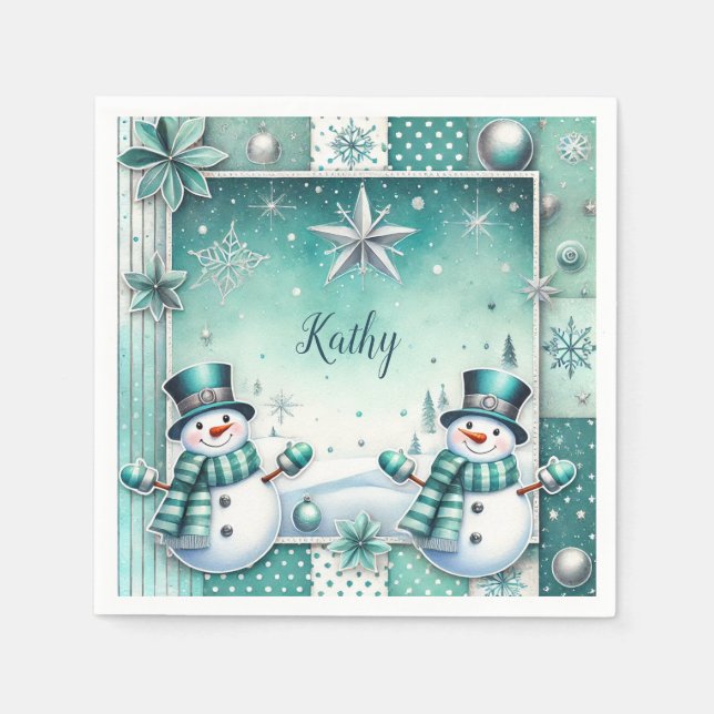 Christmas: snow man turquoise napkins (Front)