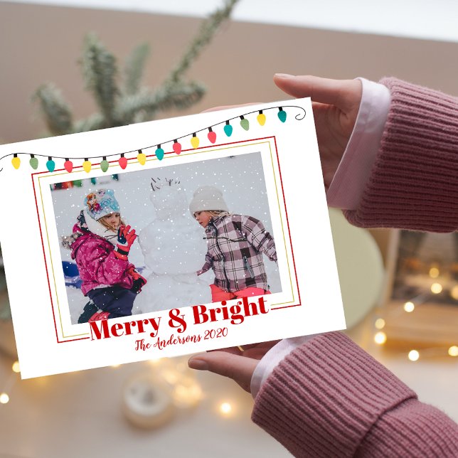 Christmas Snow Merry & Bright Photo Lights Holiday Card (Creator Uploaded)