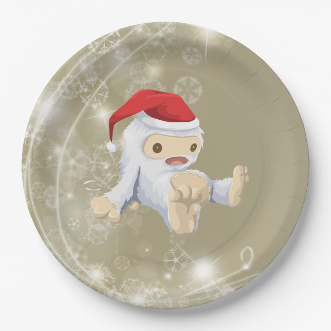 Christmas Snow Monster Doll With a Red Santa Hat Paper Plates (Front)