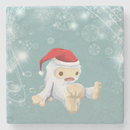 Christmas Snow Monster Doll With a Red Santa Hat Stone Coaster