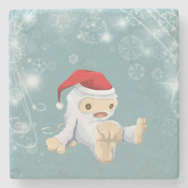 Christmas Snow Monster Doll With a Red Santa Hat Stone Coaster (Front)