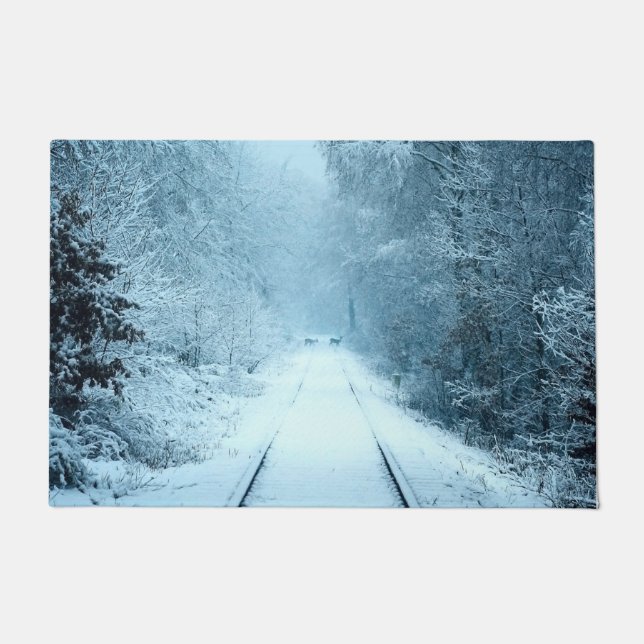 Christmas Snow on Railroad Tracks Doormat (Front)