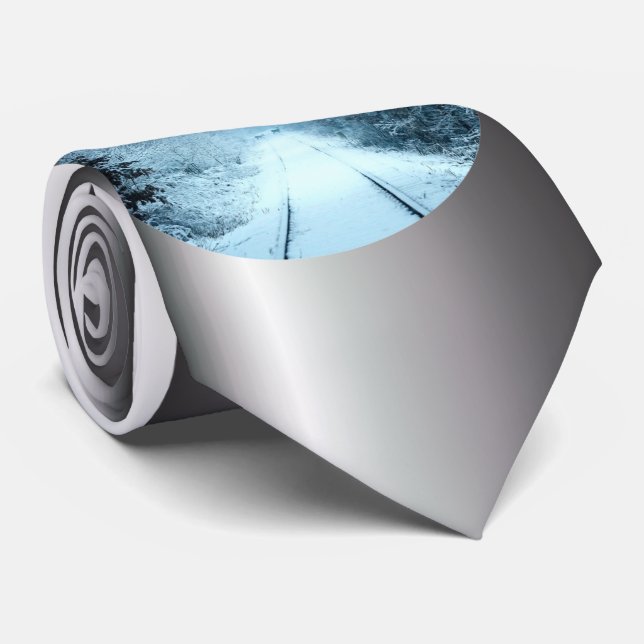 Christmas Snow on Railroad Tracks Neck Tie (Rolled)