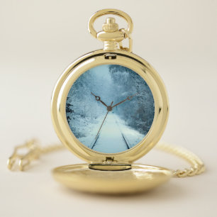 Christmas Snow on Railroad Tracks Pocket Watch