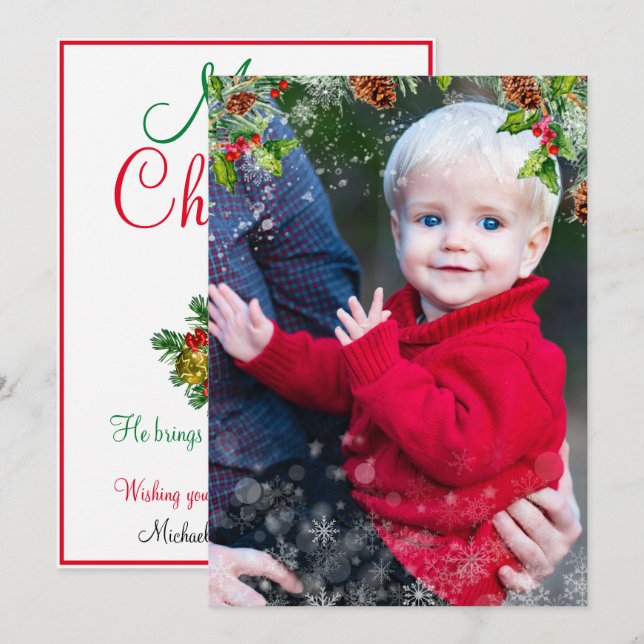 Christmas Snow Overlay Personalize Photo Flat Card (Front/Back)