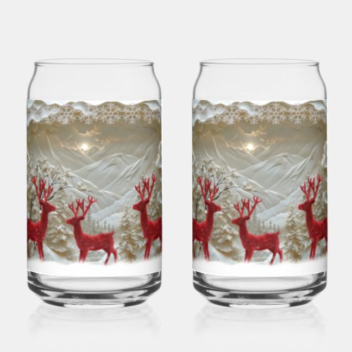 Christmas Snow Red Velvet Reindeer Snowy Mountain  Can Glass