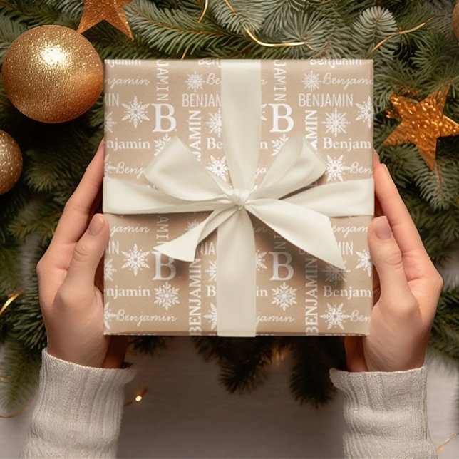 Christmas Snow Repeating Name Personalized Kraft Wrapping Paper (Christmas Snow Repeating Name Personalized Kraft Wrapping Paper)