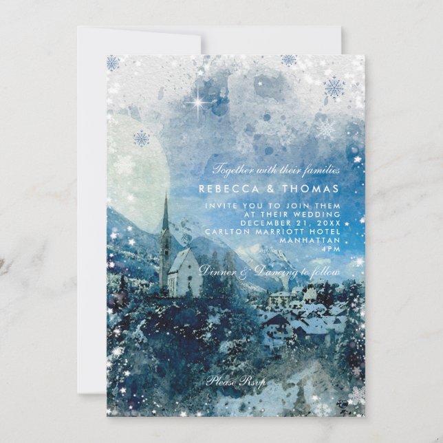 Christmas snow scene winter holiday wedding invitation (Front)