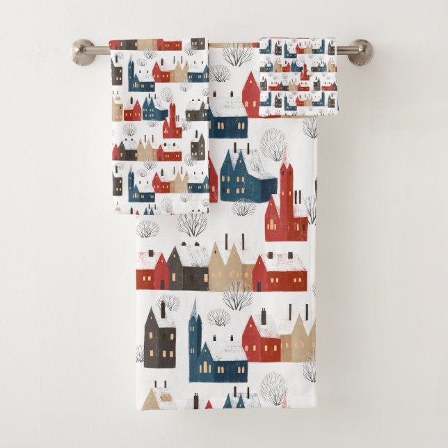 Christmas Snow Village Cozy Festive Nostalgic Bath Towel Set (Insitu)