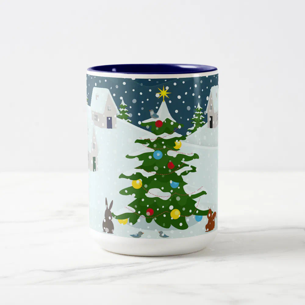 Christmas snow village with christmas tree and ani Two-Tone coffee mug