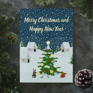 Christmas snow village with christmas tree foil holiday card