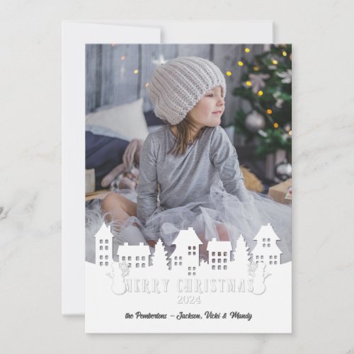 Christmas Snow White Village Silhouette Snowmen Holiday Card