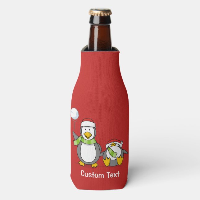 Christmas Snowballing penguins Bottle Cooler (Bottle Front)