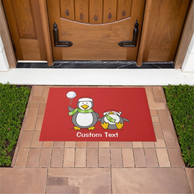 Christmas Snowballing penguins Doormat (Outdoor)