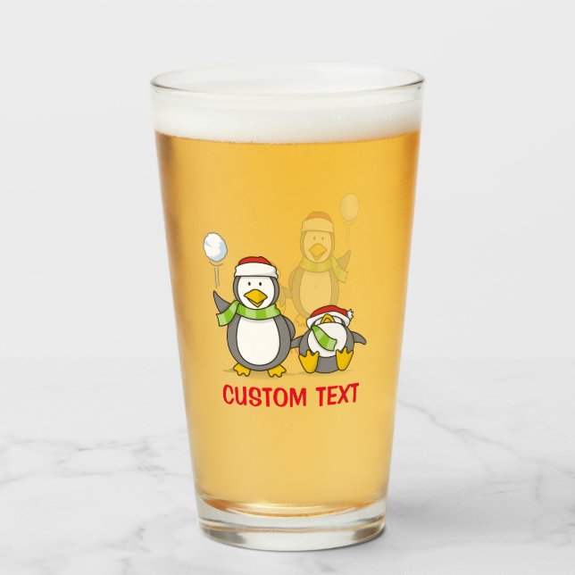 Christmas Snowballing penguins Glass (Front Filled)