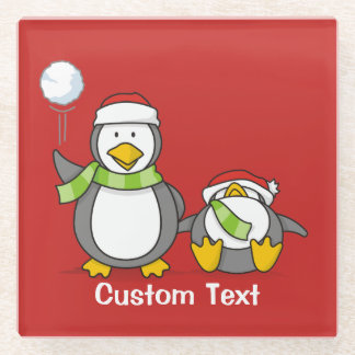 Christmas Snowballing penguins Glass Coaster
