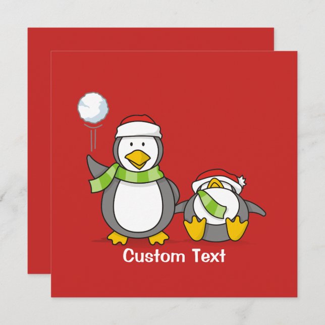 Christmas Snowballing penguins Invitation (Front/Back)
