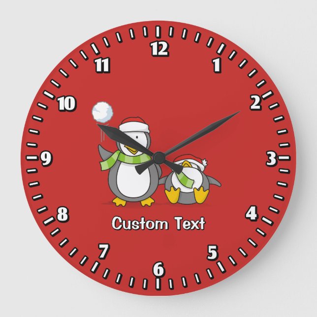 Christmas Snowballing penguins Large Clock (Front)