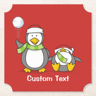 Christmas Snowballing penguins Paper Coaster