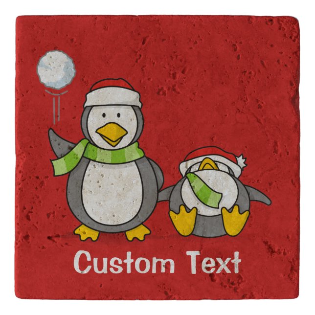 Christmas Snowballing penguins Trivet (Front)