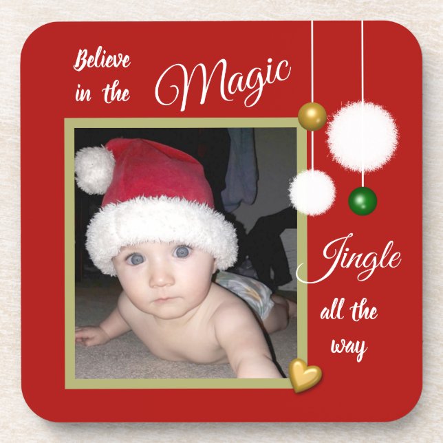 Christmas snowballs baubles red photo beverage coaster (Front)