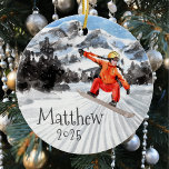 Christmas Snowboard Snowboarding Personalized   Ceramic Ornament<br><div class="desc">This design may be personalized in the area provided by changing the photo and/or text. Or it can be customized by clicking Personalize this Template and then choosing the click to customize further option and delete or change the color of the background, add text, change the text color or style,...</div>