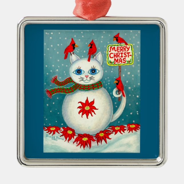 Christmas Snowcat Cardinal Bird Snowman Poinsettia Metal Ornament (Front)