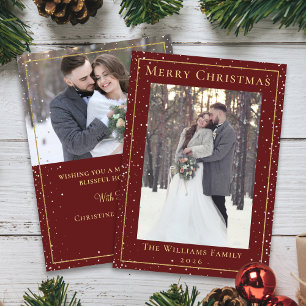 Christmas Snowfall Maroon Red Gold 2 Photo Holiday Card