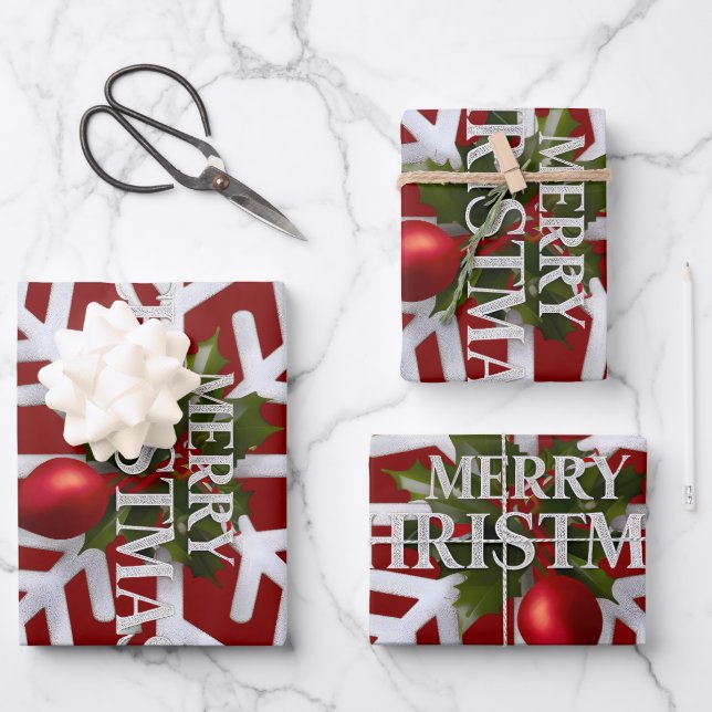 Christmas Snowflake And Shy Red Berry Wrapping Paper Sheets (Front)