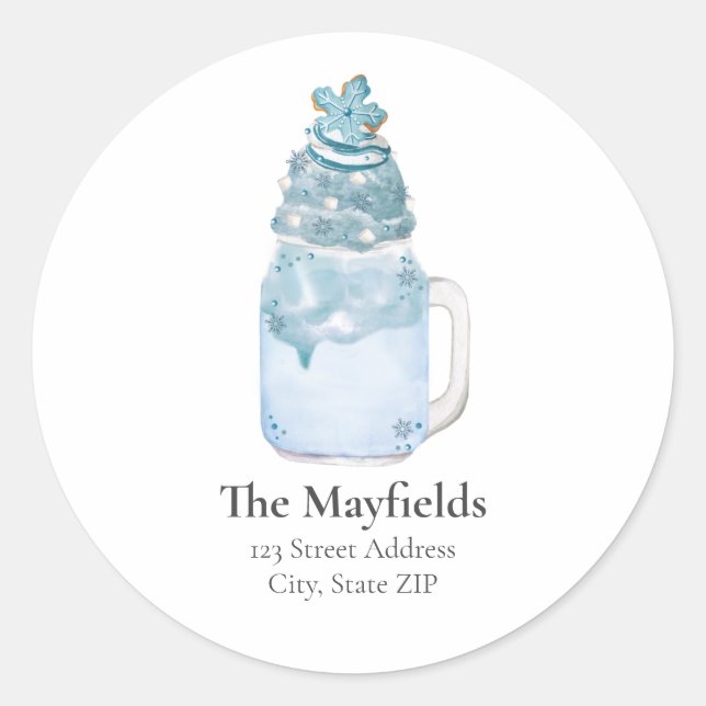 Christmas Snowflake Blue Milkshake Address Classic Round Sticker (Front)