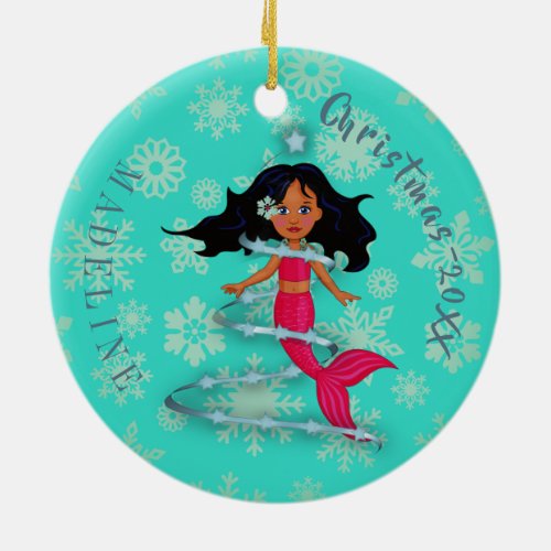 Christmas Snowflake Cute Mermaid Photo Aqua Blue Ceramic Ornament